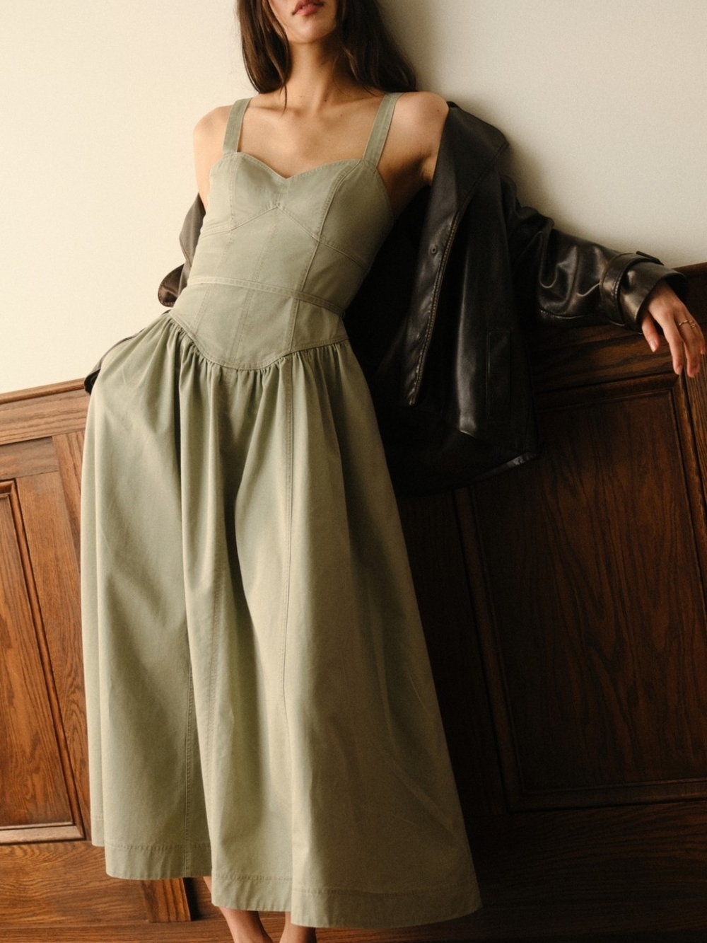 Abercrombie & Fitch Olive Green Midi Dress with Sweetheart Bodice